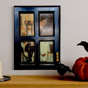 Whimsical Fairy, Black Cat Wall Hanging Deco on Antique Cabinet, Eccentric Art